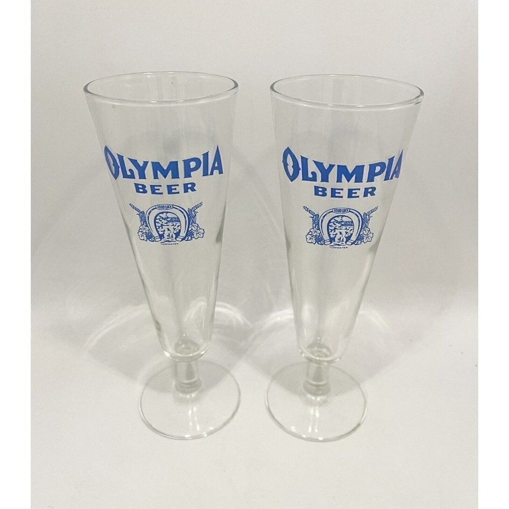 Set of 2 Vintage OLYMPIA Beer Glasses 8.5" Pilsner Blue Good Luck Logo 1970s